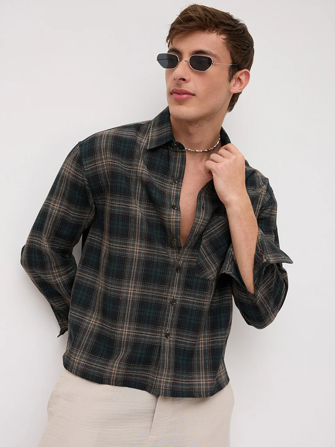 Forest Black Multi Line Plaid Checks Boxy Fit Crop Shirt - Image 5
