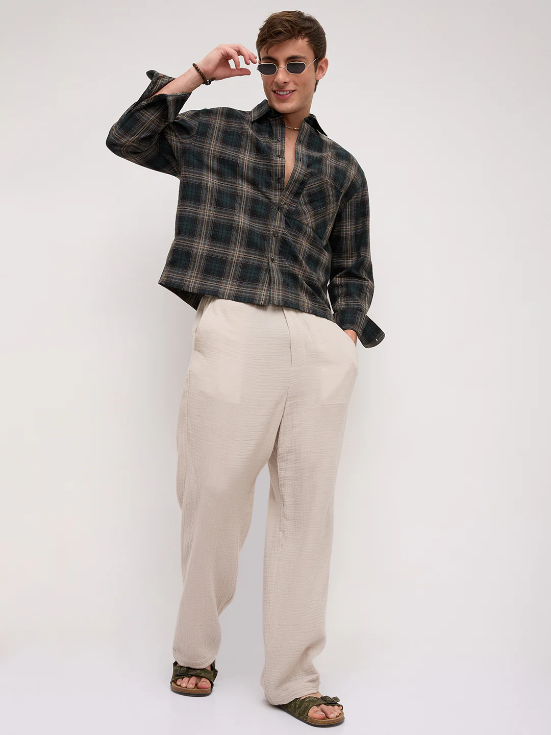 Forest Black Multi Line Plaid Checks Boxy Fit Crop Shirt - Image 7
