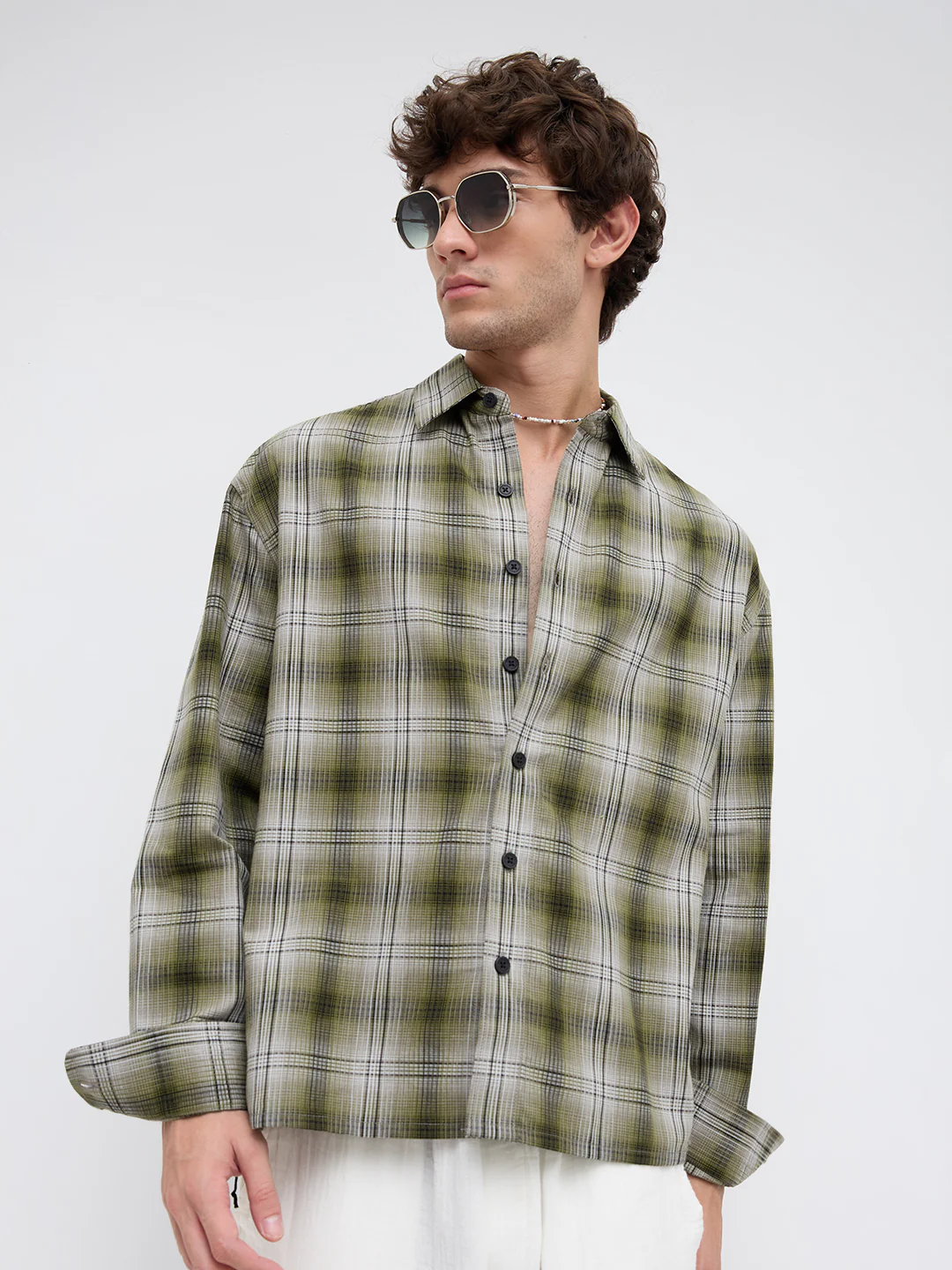 Forest Echo Plaid Checks Boxy Fit Crop Shirt - Image 2