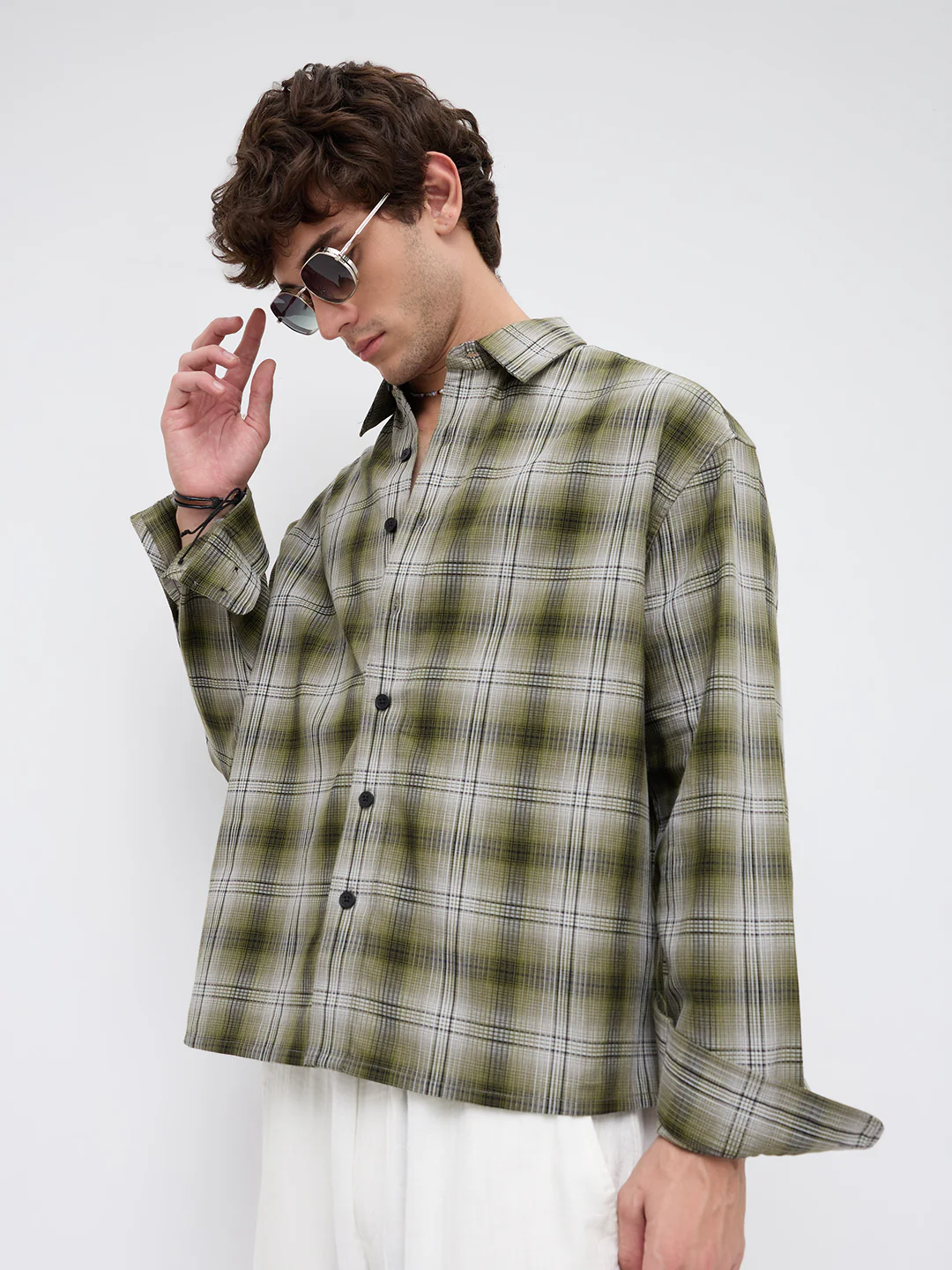 Forest Echo Plaid Checks Boxy Fit Crop Shirt - Image 4