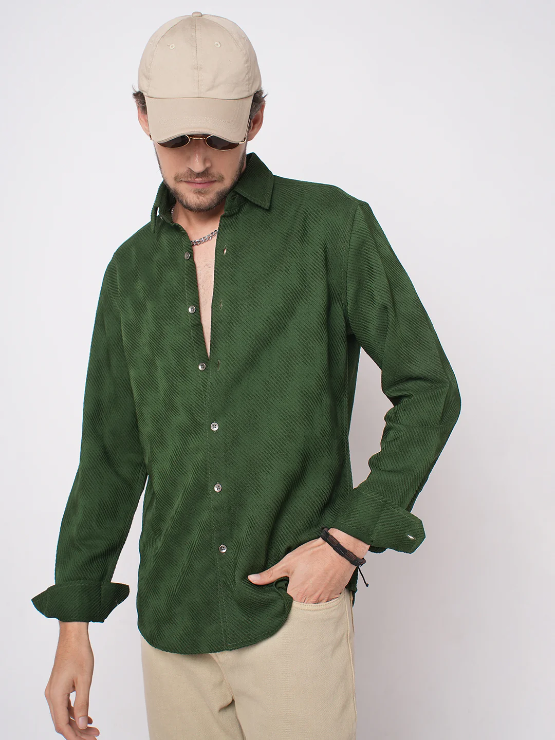Forest Green Diagonal Striped Textured Shirt - Image 4