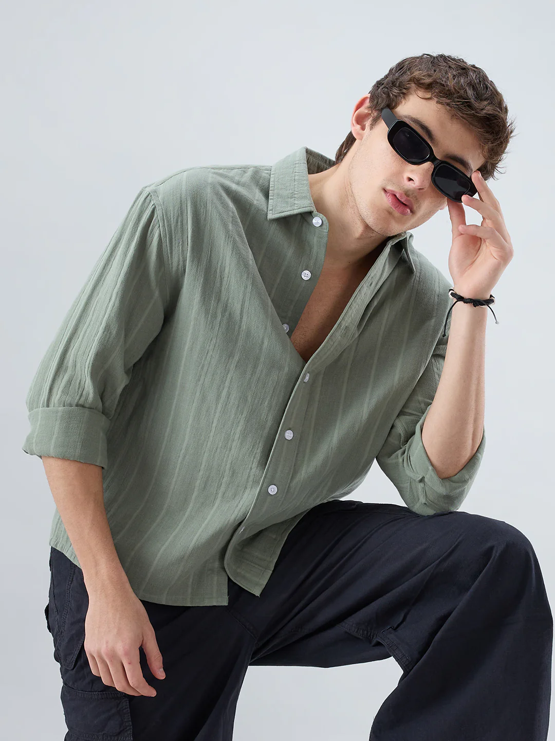 Forest Green Double Cloth Striped Boxy Fit Crop Shirt