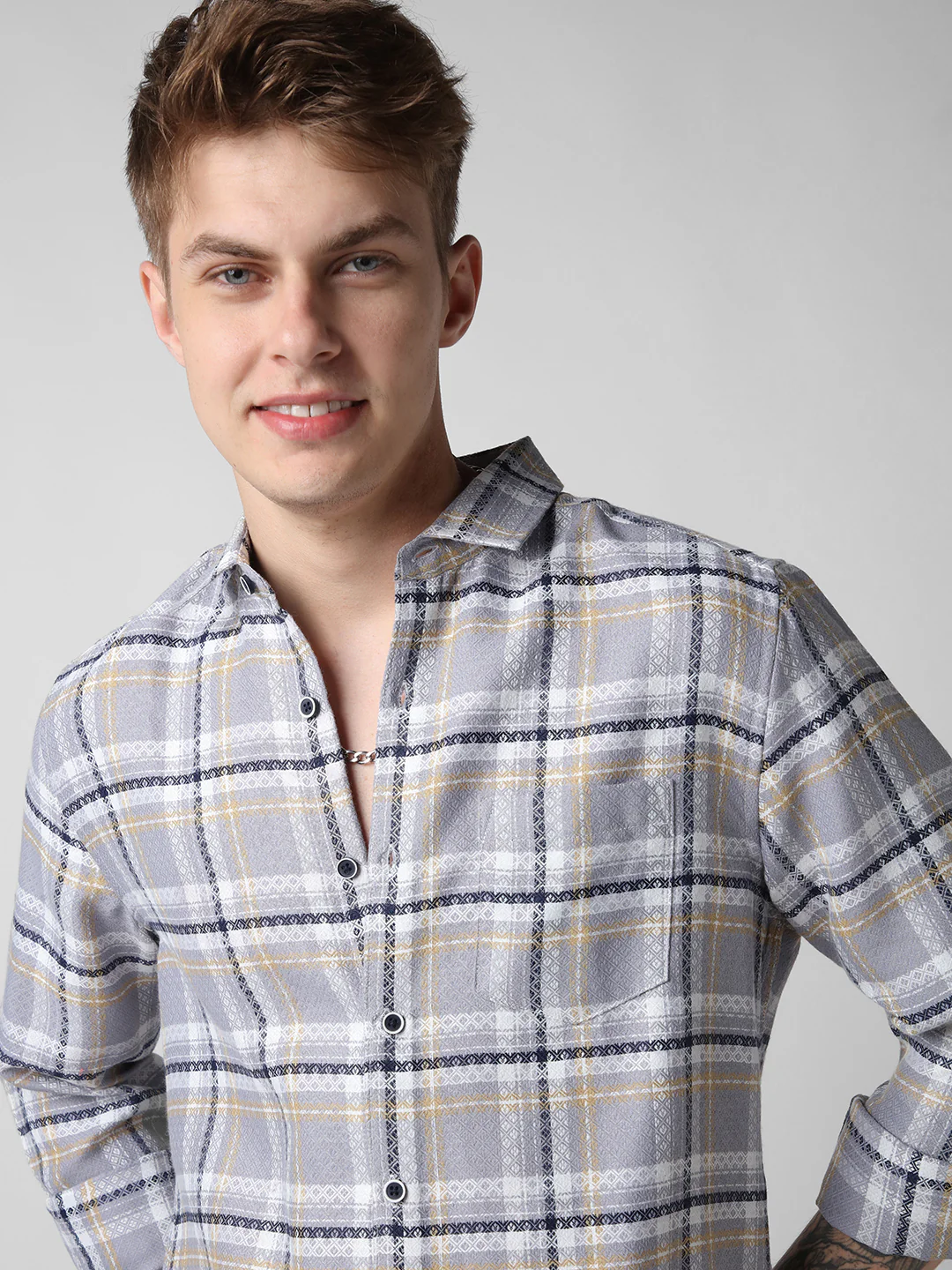 Fossil Grey Diamond Jacquard Checkered Shirt
