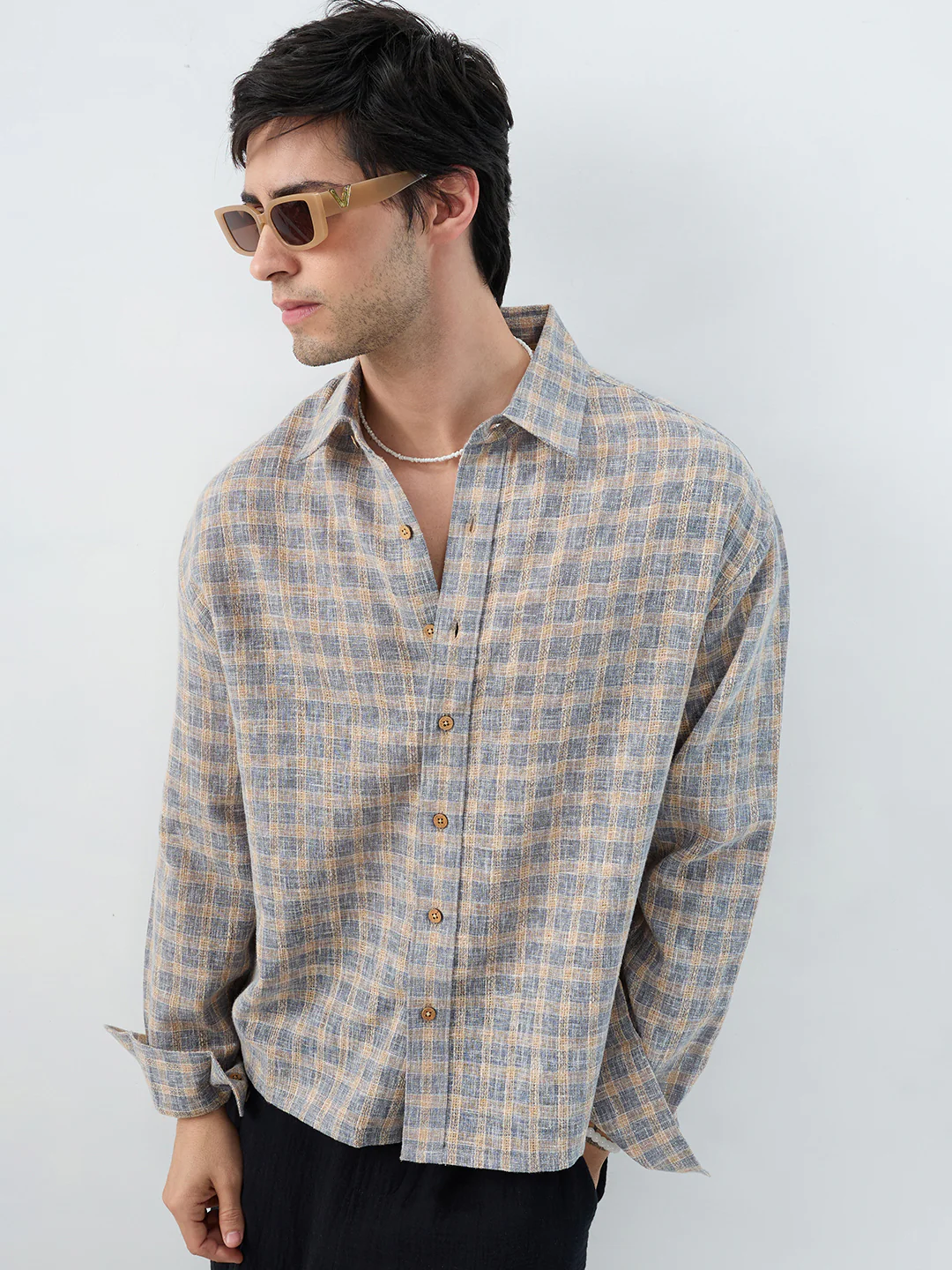 Fossil Grey Window Checks Linen Blend Boxy Fit Crop Shirt - Image 2