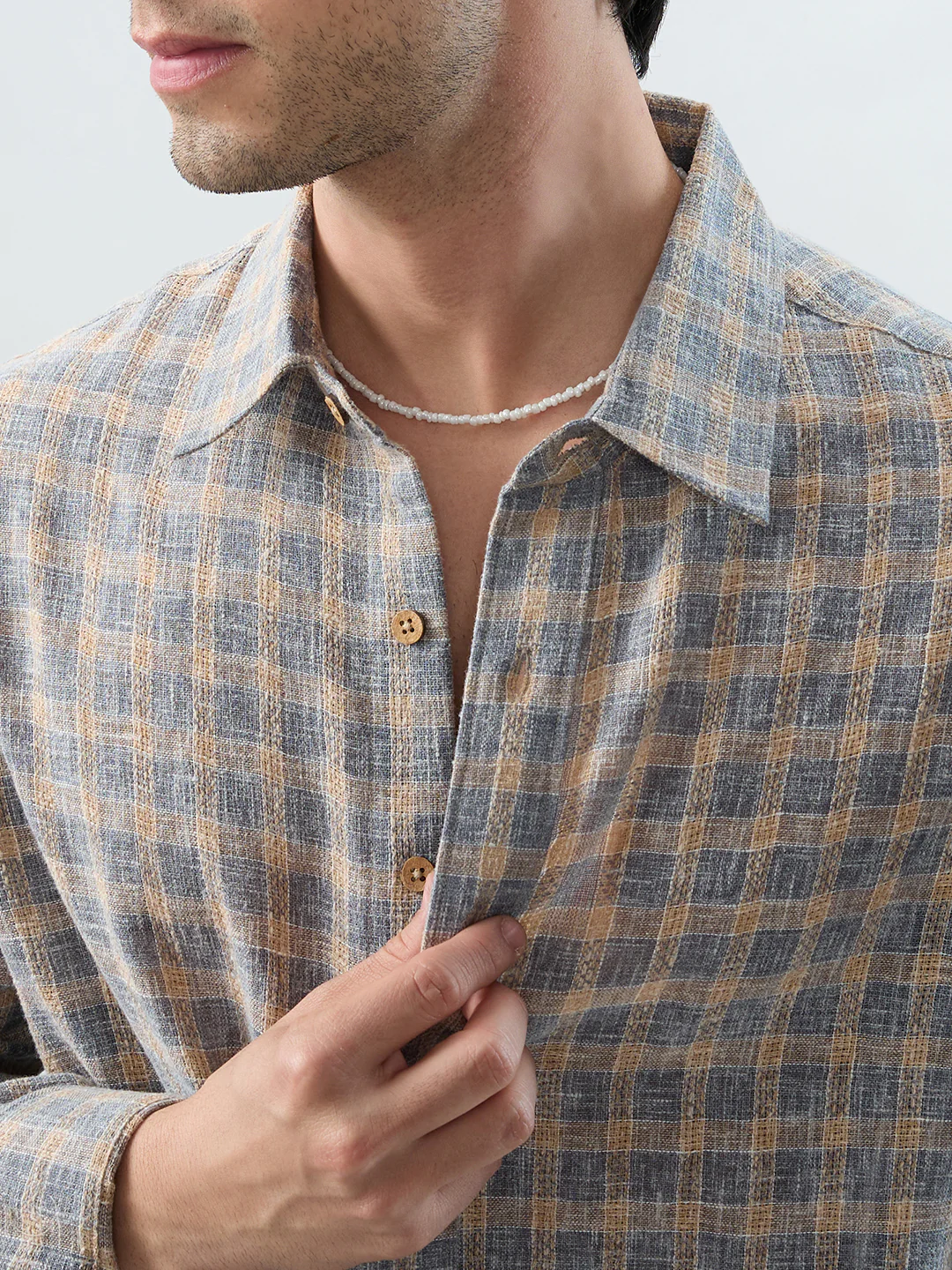 Fossil Grey Window Checks Linen Blend Boxy Fit Crop Shirt - Image 3