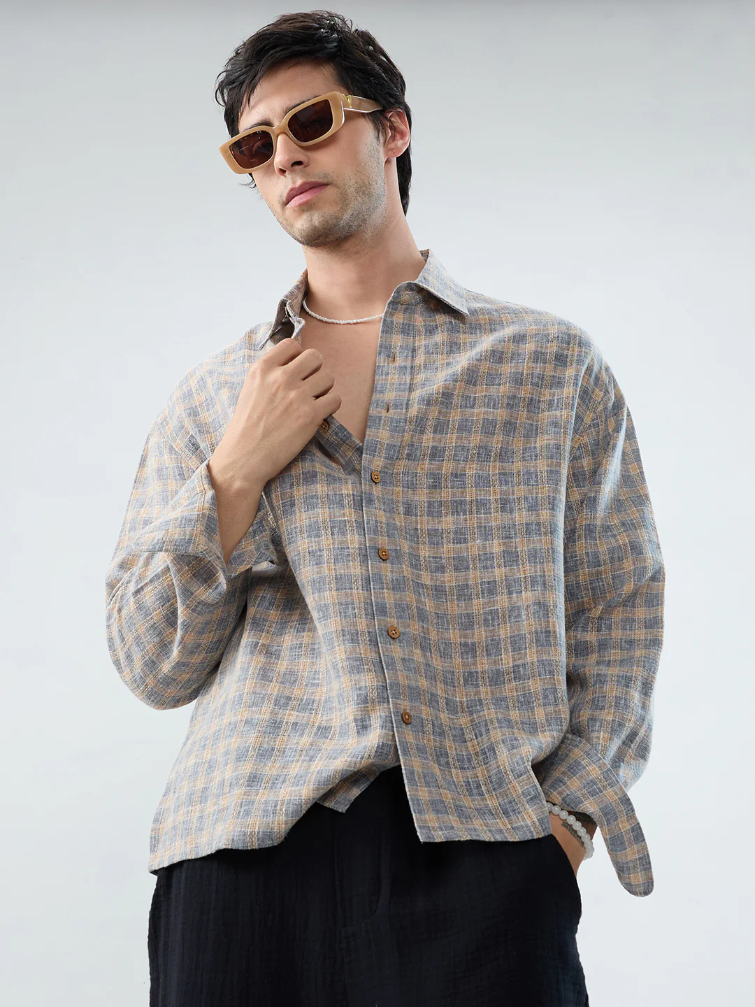 Fossil Grey Window Checks Linen Blend Boxy Fit Crop Shirt - Image 4