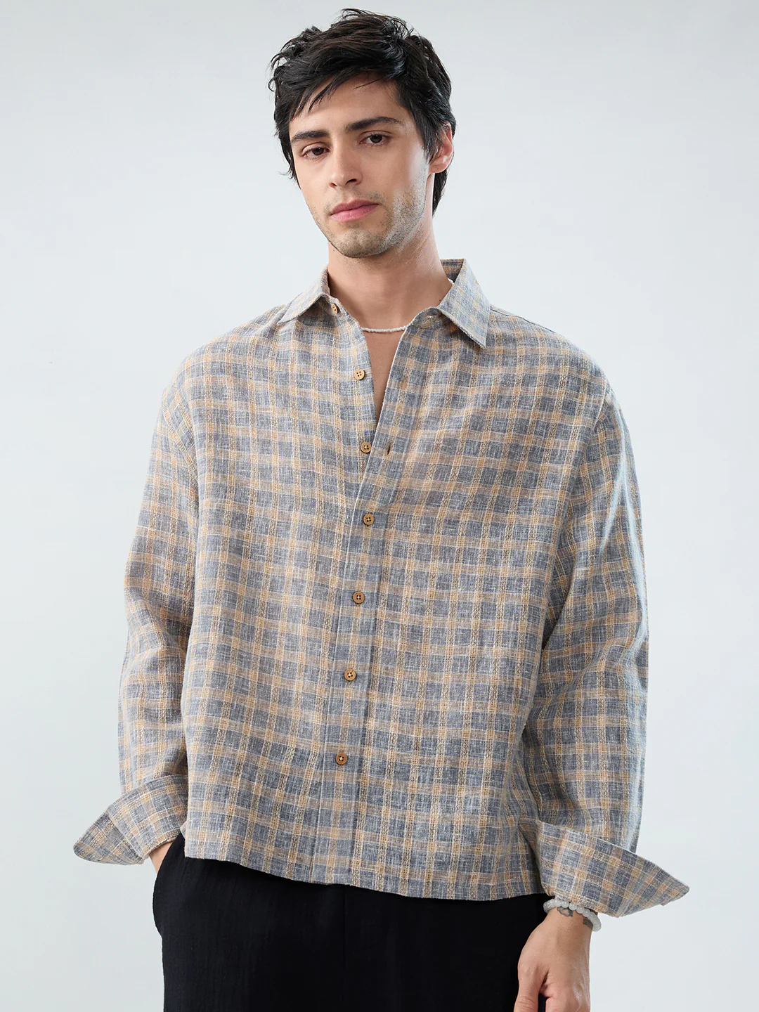Fossil Grey Window Checks Linen Blend Boxy Fit Crop Shirt - Image 5