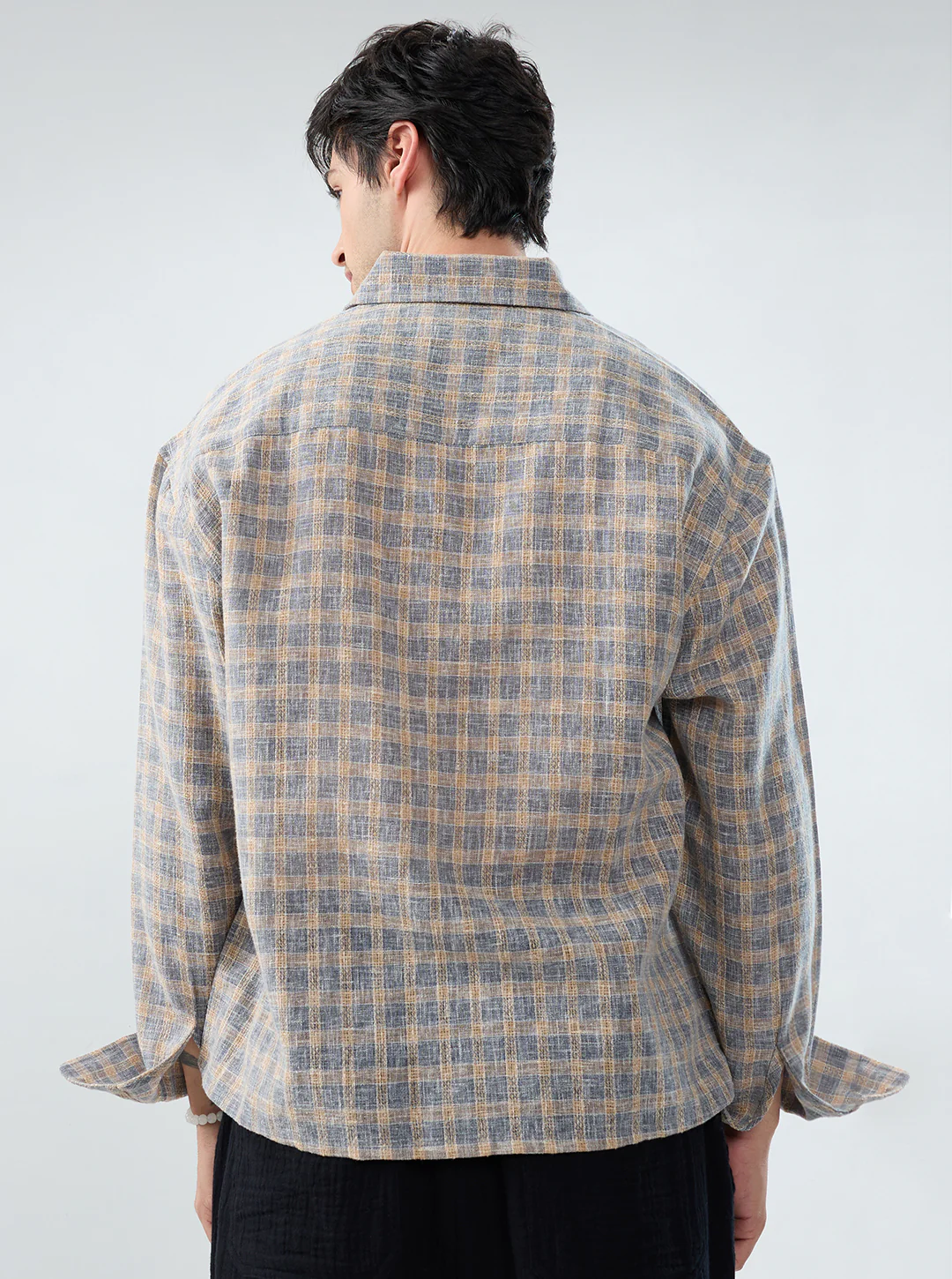 Fossil Grey Window Checks Linen Blend Boxy Fit Crop Shirt - Image 7