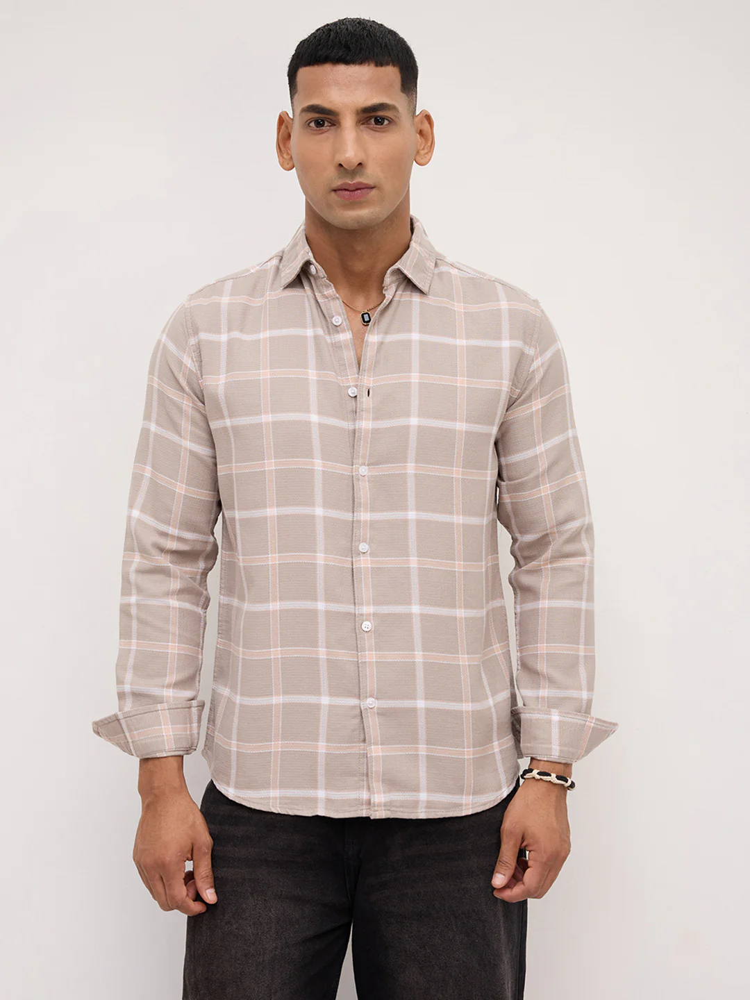 French Beige Block Checks Shirt - Image 5