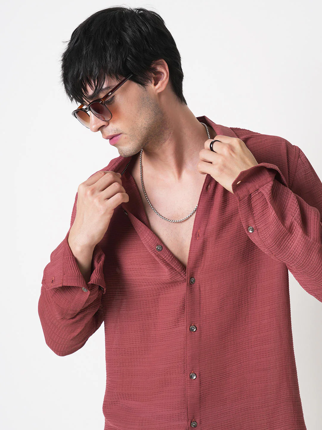 Glossy Rust Textured Chiffon Shirt