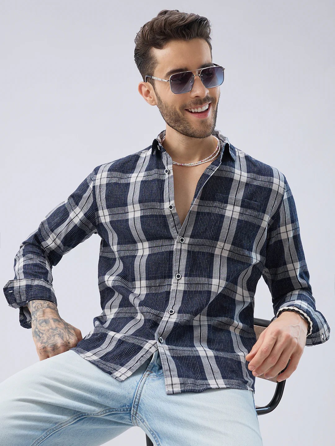 Graphite Blue Contrast Stitch Multi-Check Jacquard Shirt