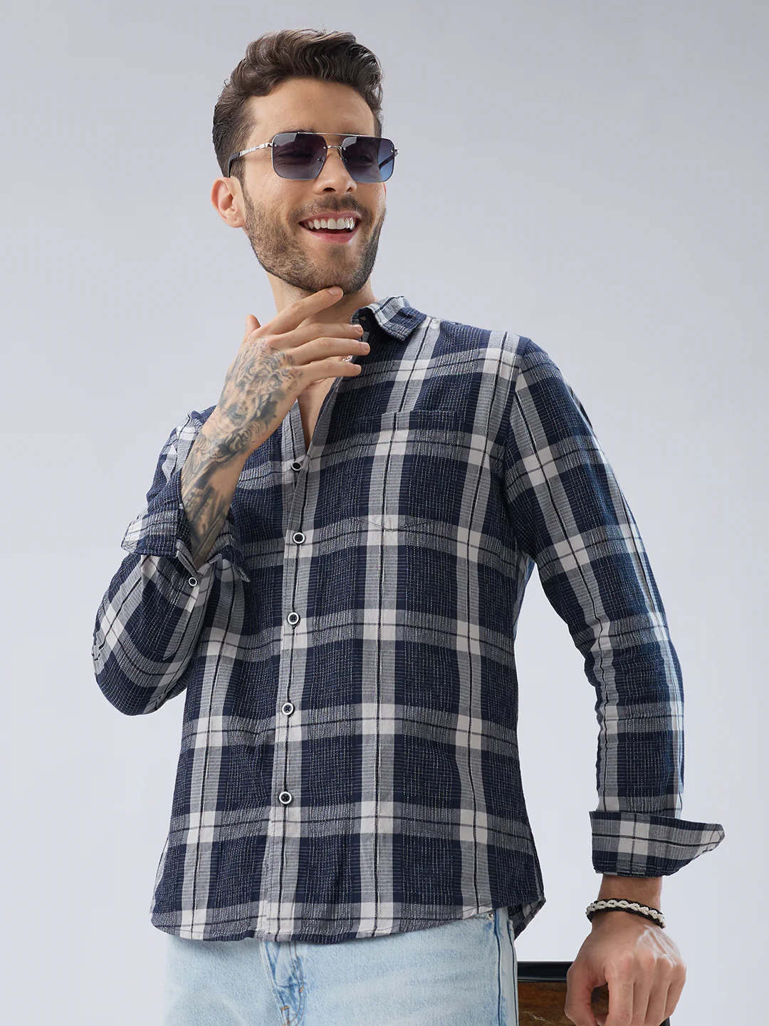 Graphite Blue Contrast Stitch Multi-Check Jacquard Shirt - Image 2