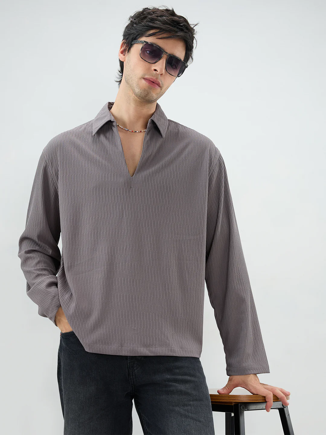 Graphite Grey Precision Rib Striped Oversized Polo Knitted Shirt - Image 2
