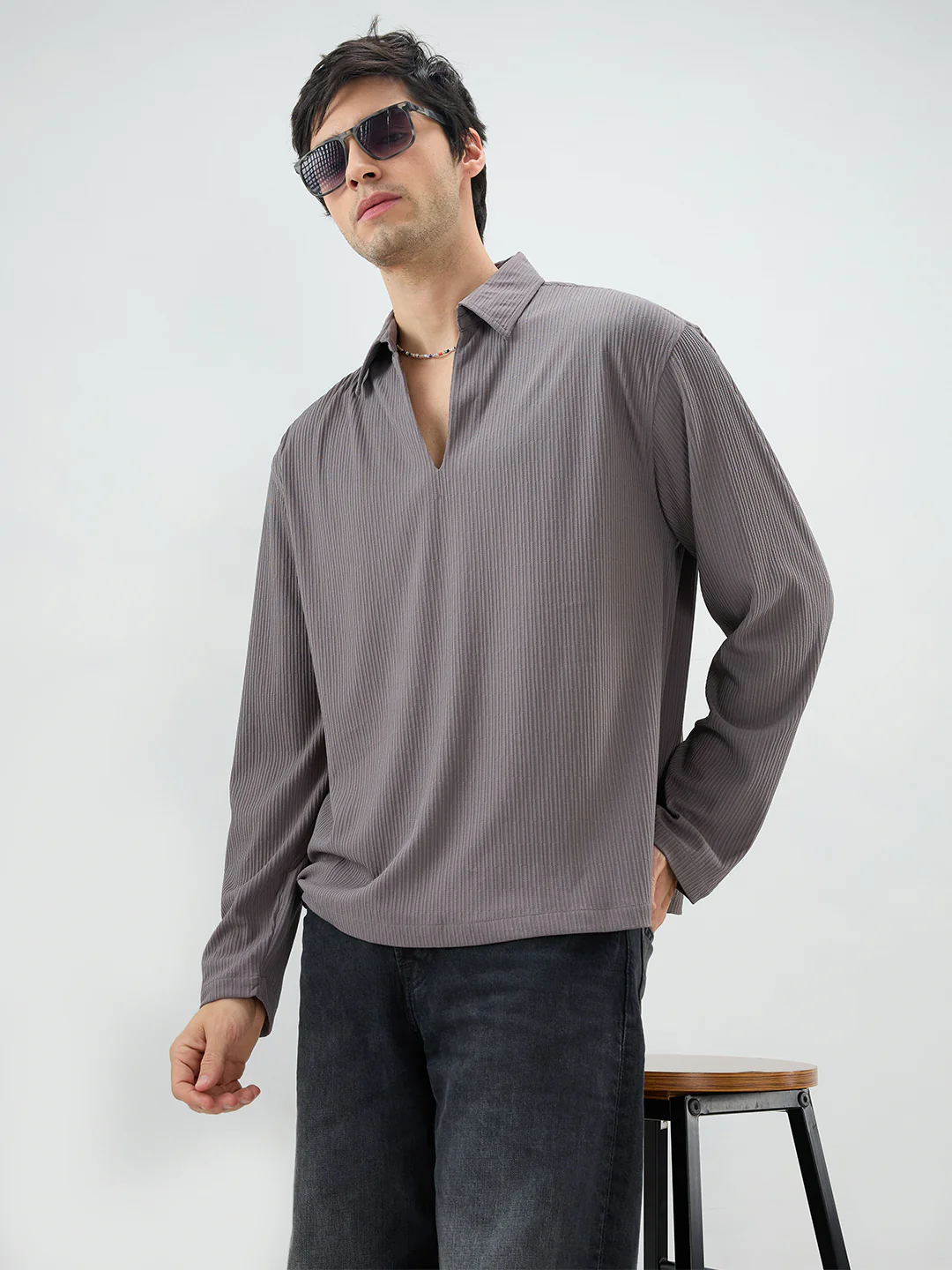 Graphite Grey Precision Rib Striped Oversized Polo Knitted Shirt - Image 4