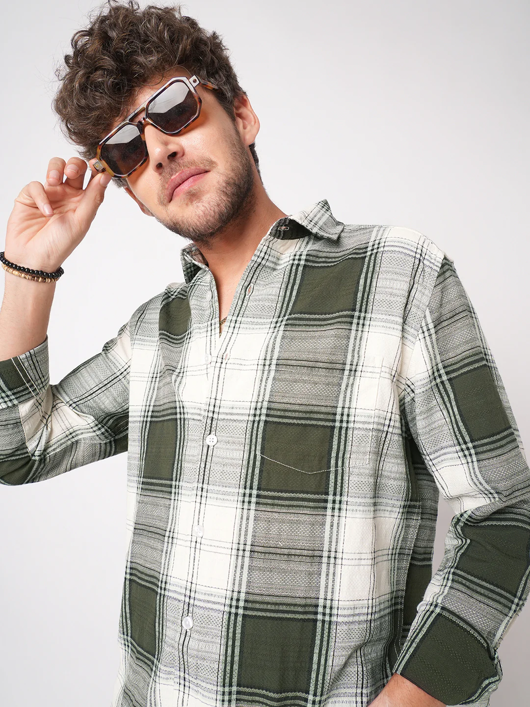 Green & White Precision Weave Checks Jacquard Shirt