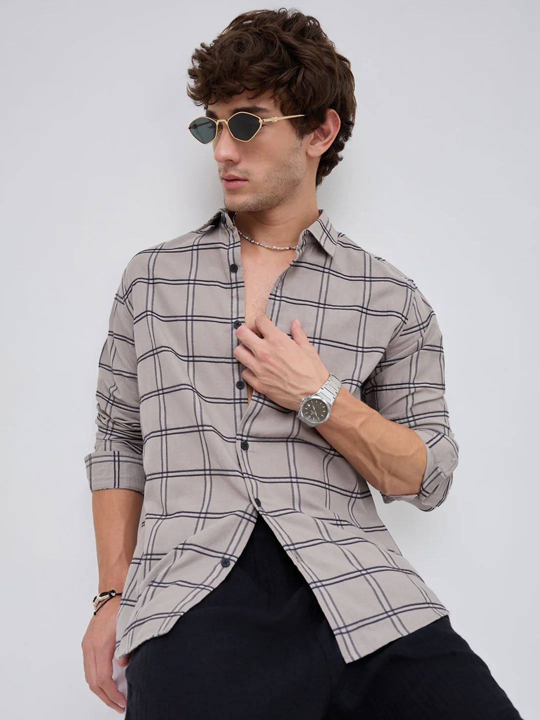 Grey Dimensional Contrast Windowpane Checks Shirt - Image 4