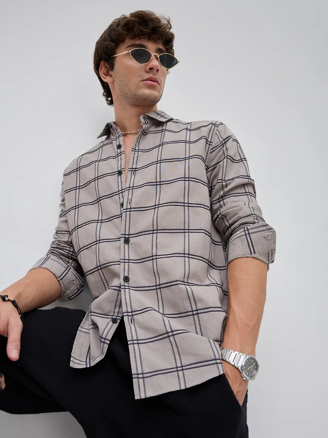 Grey Dimensional Contrast Windowpane Checks Shirt - Image 5