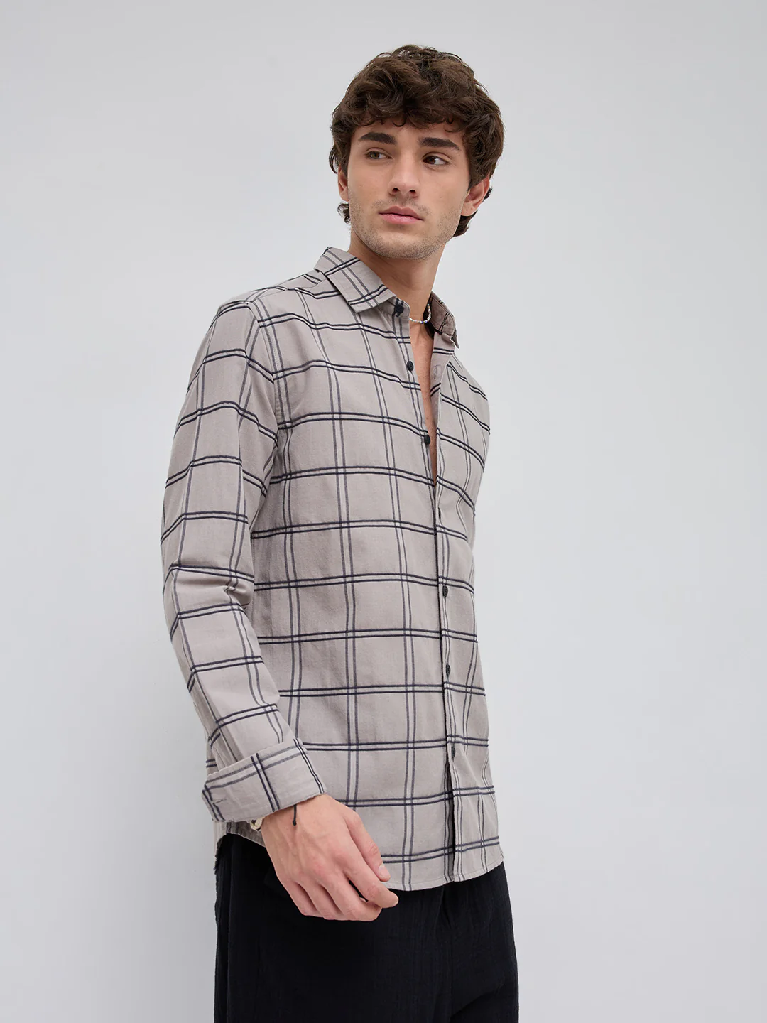 Grey Dimensional Contrast Windowpane Checks Shirt - Image 6