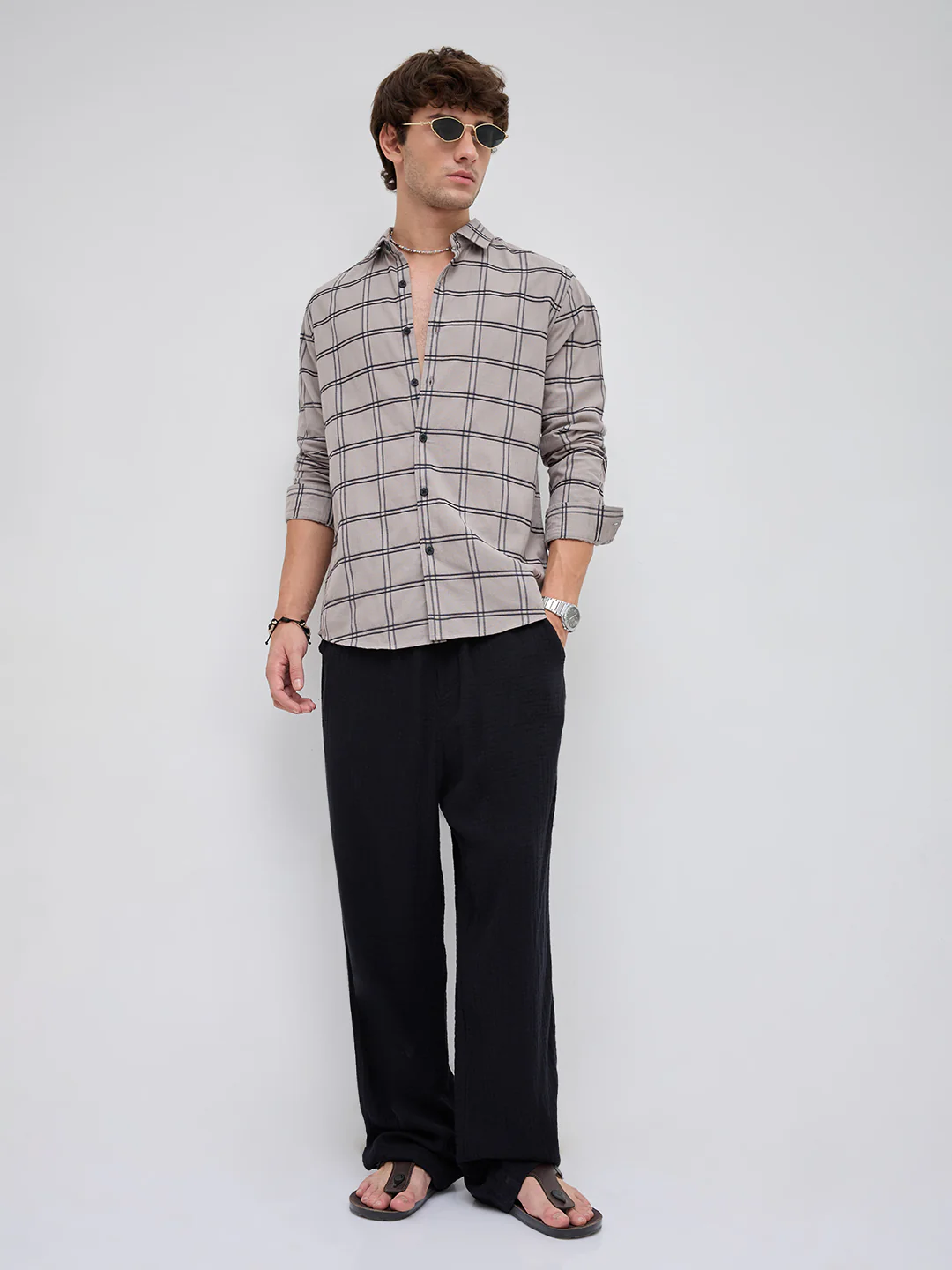 Grey Dimensional Contrast Windowpane Checks Shirt - Image 8