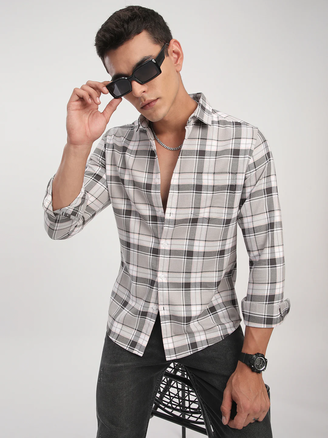 Grey Elegant Plaid Checks Shirt
