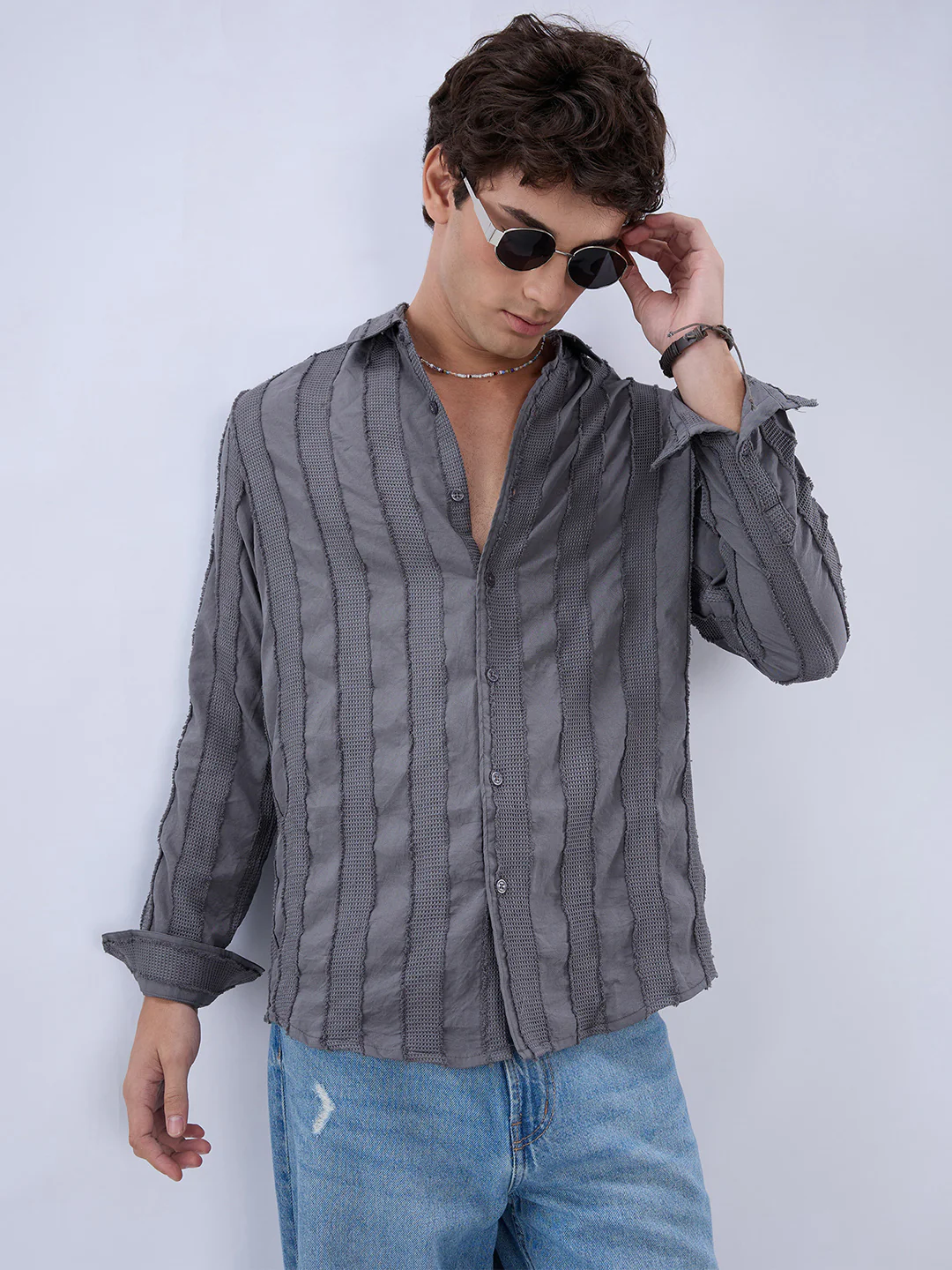 Grey Frayed Panelled Waffle Textured Shirt