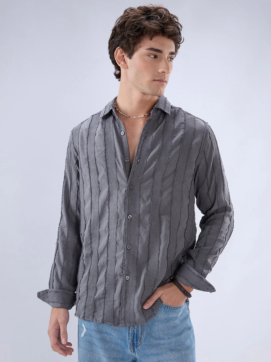 Grey Frayed Panelled Waffle Textured Shirt - Image 4