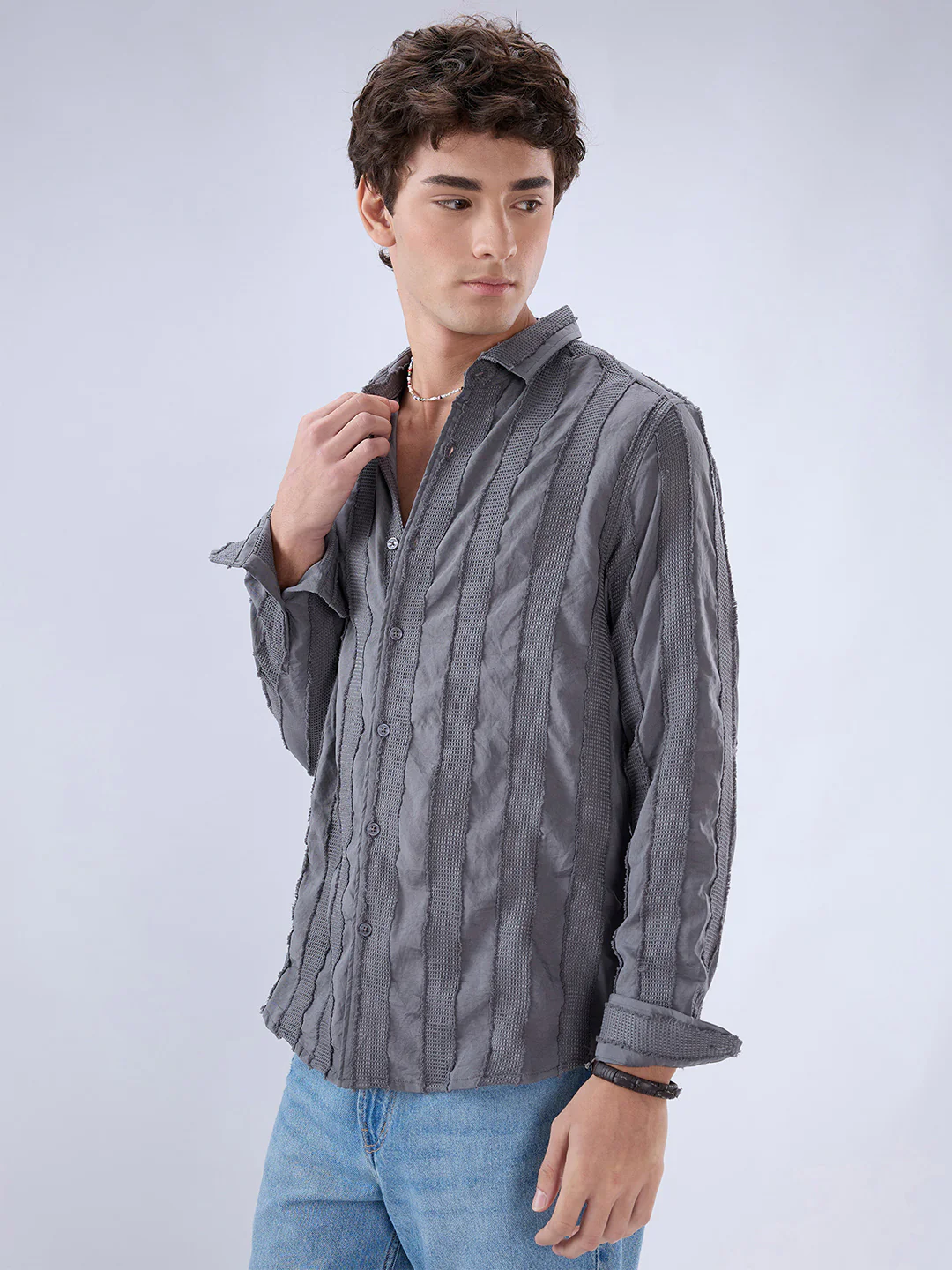 Grey Frayed Panelled Waffle Textured Shirt - Image 5
