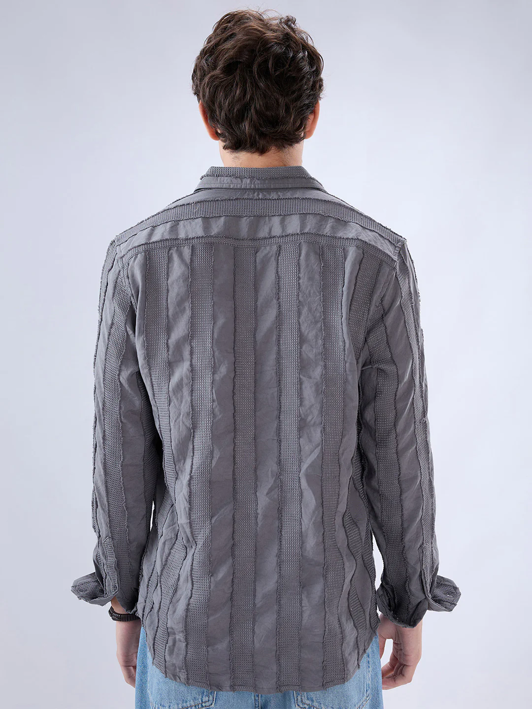 Grey Frayed Panelled Waffle Textured Shirt - Image 6