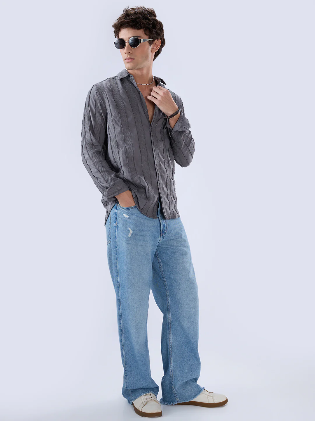 Grey Frayed Panelled Waffle Textured Shirt - Image 7