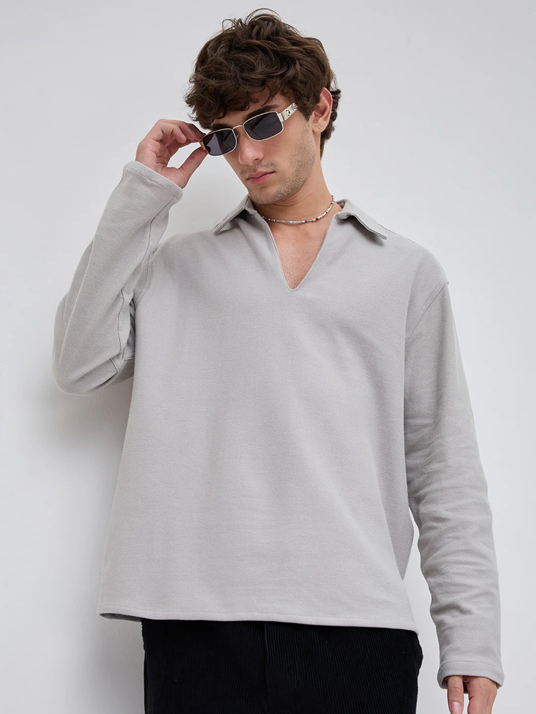 Grey Honeycomb Textured Knitted Oversized Polo Shirt