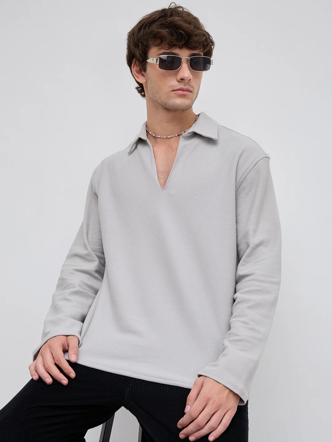 Grey Honeycomb Textured Knitted Oversized Polo Shirt - Image 2