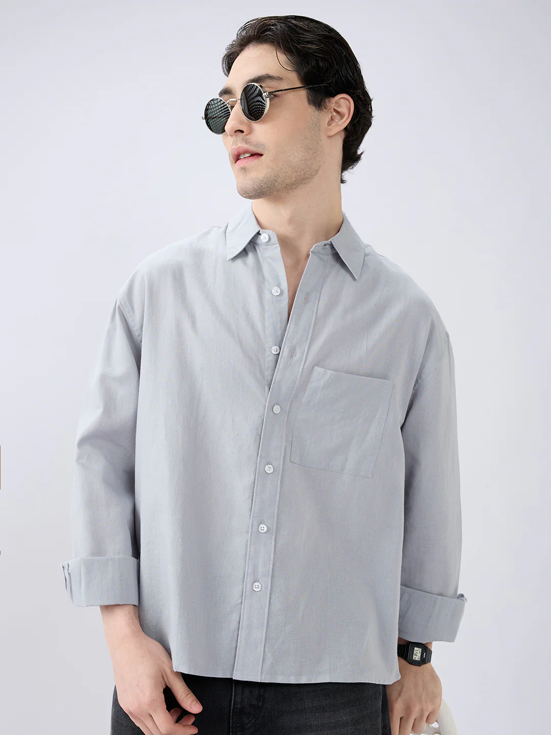 Grey Mood Subtle Slub Linen Boxy Fit Crop Shirt