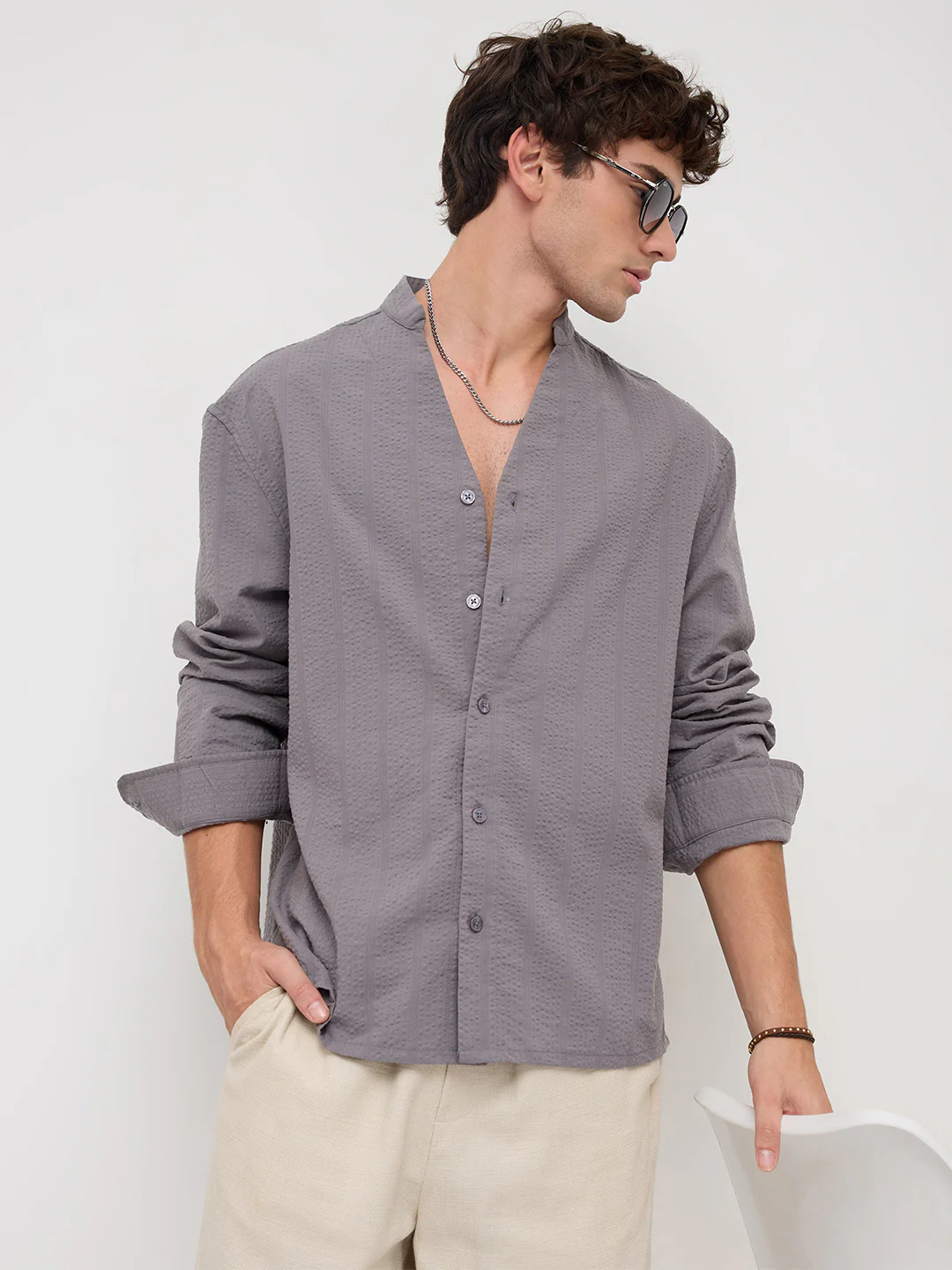 Grey Seersucker Striped Stand Collar Oversized Shirt