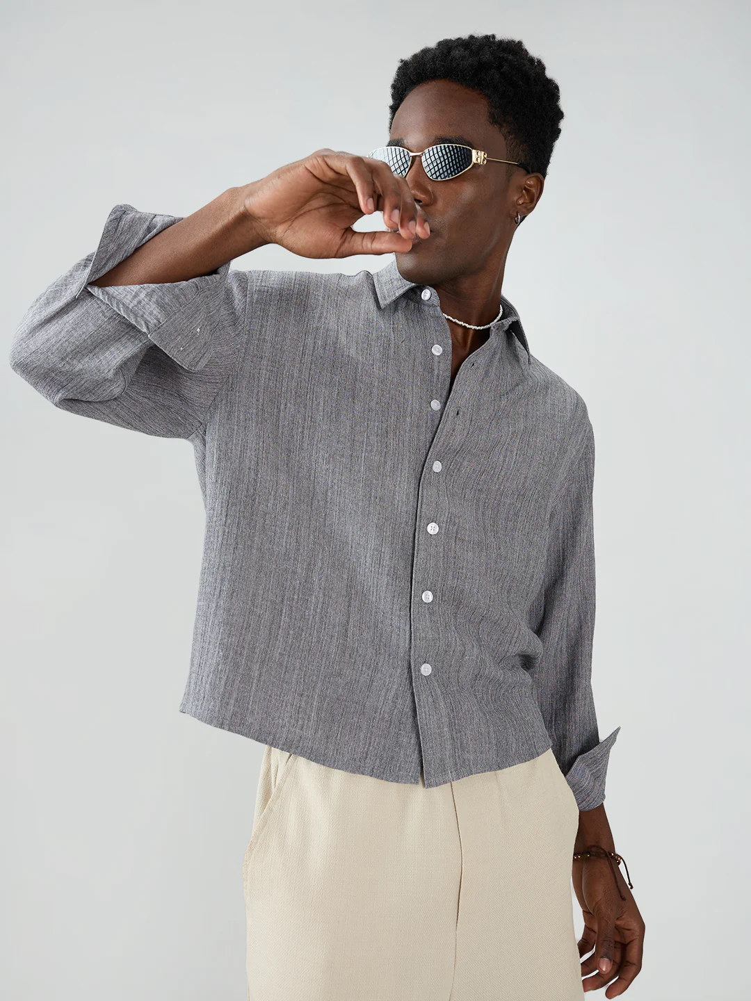 Grey Textured Boxy Fit Crop Shirt