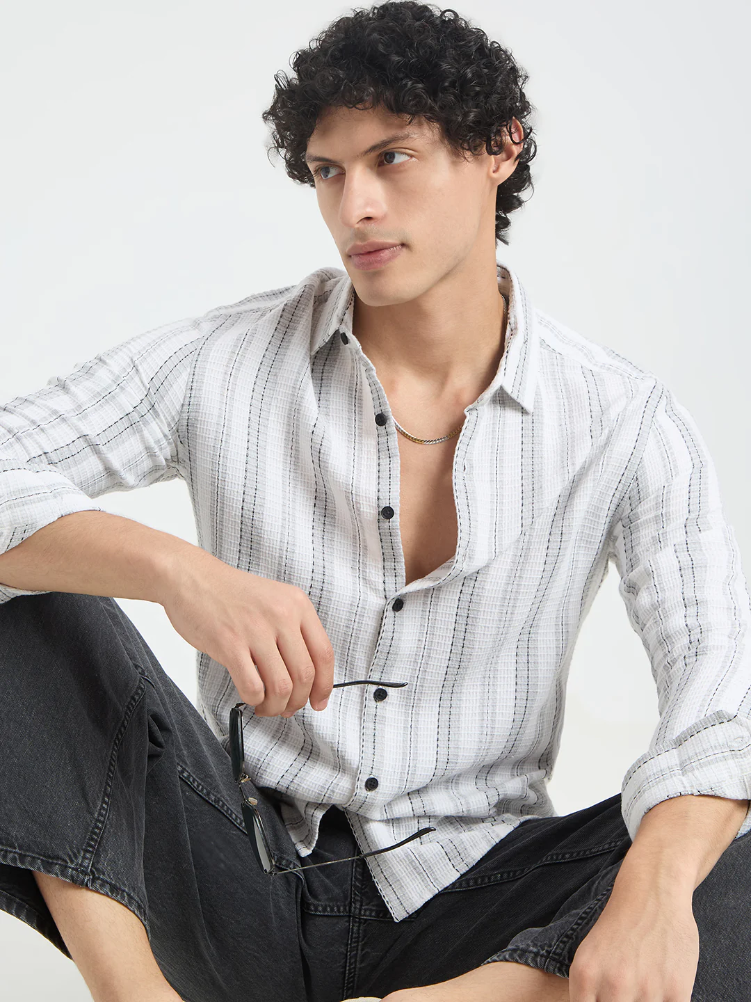 Grey & White Dobby Striped Shirt