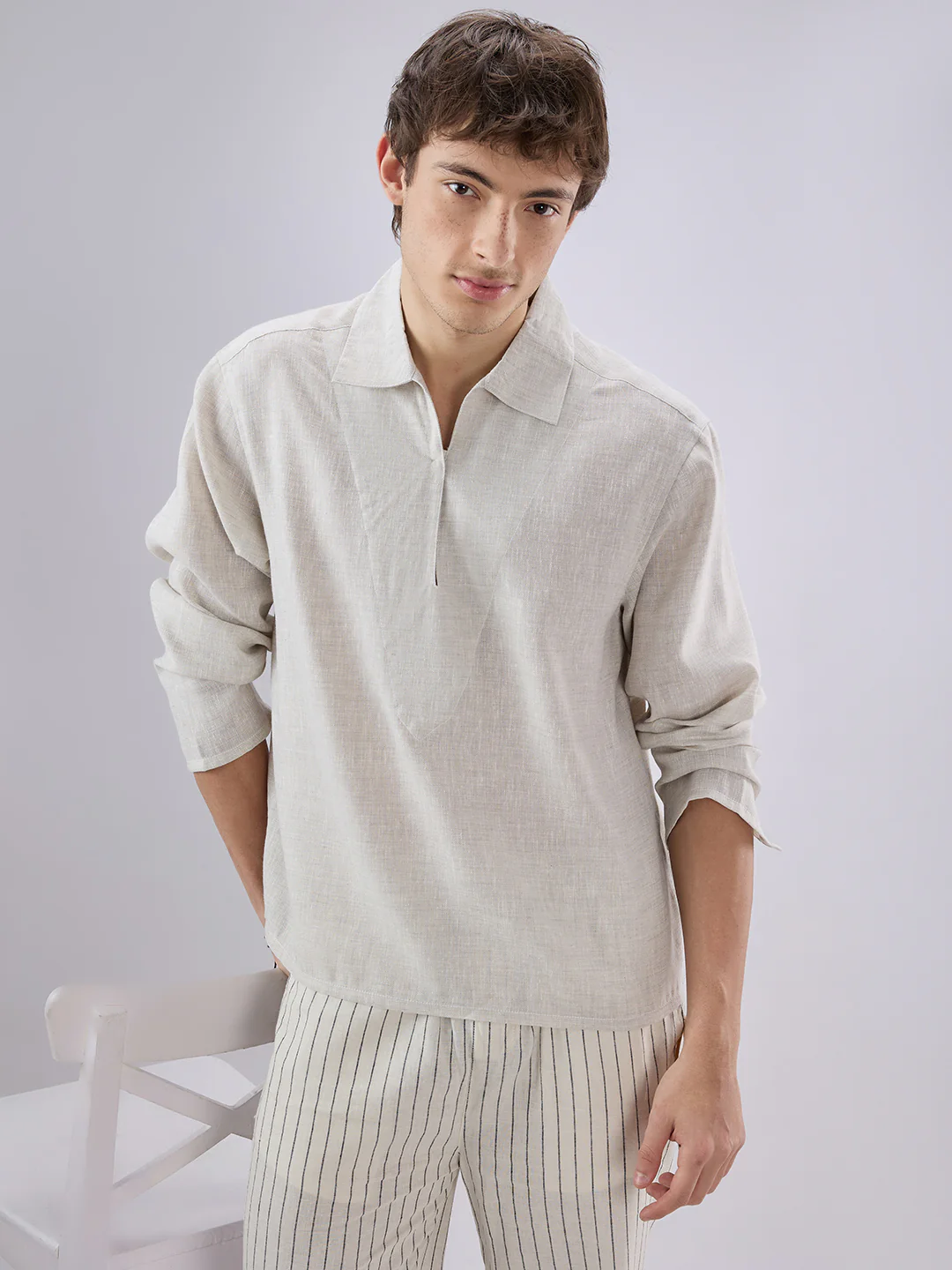Greyish Green Textured Cuffless Oversized Shirt