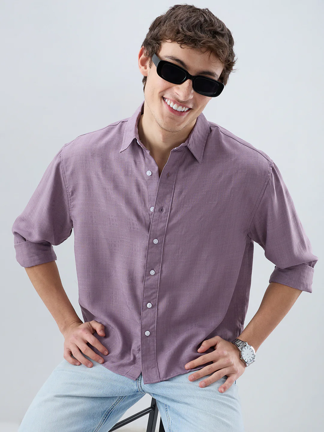 Heather Purple Soft Grid Textured Boxy Fit Crop Shirt