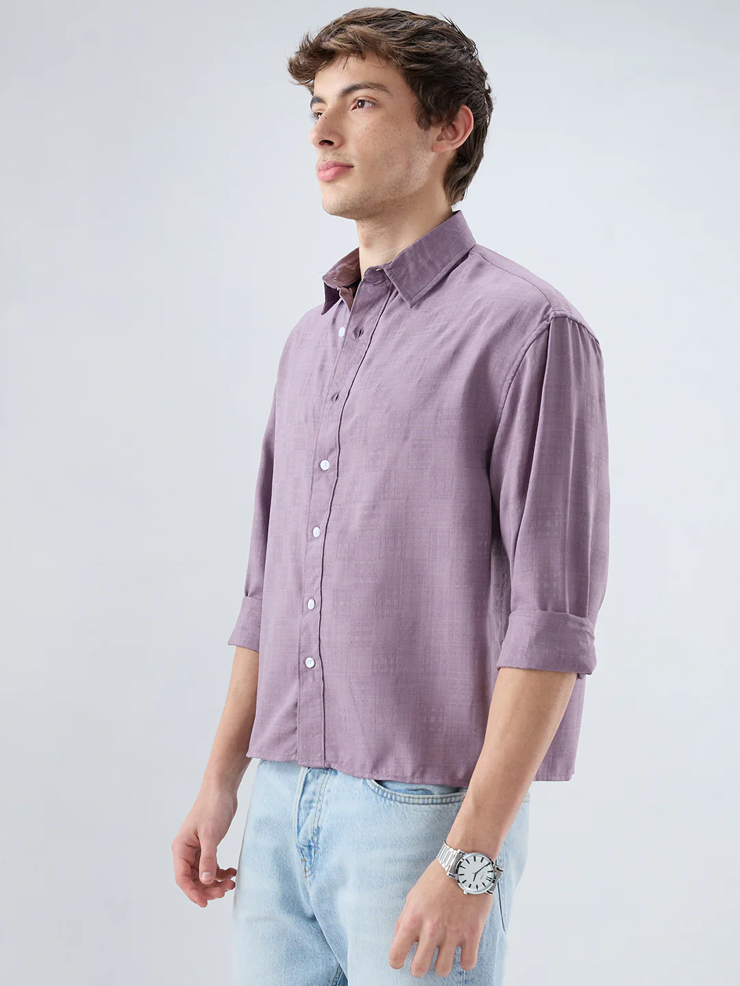 Heather Purple Soft Grid Textured Boxy Fit Crop Shirt - Image 5