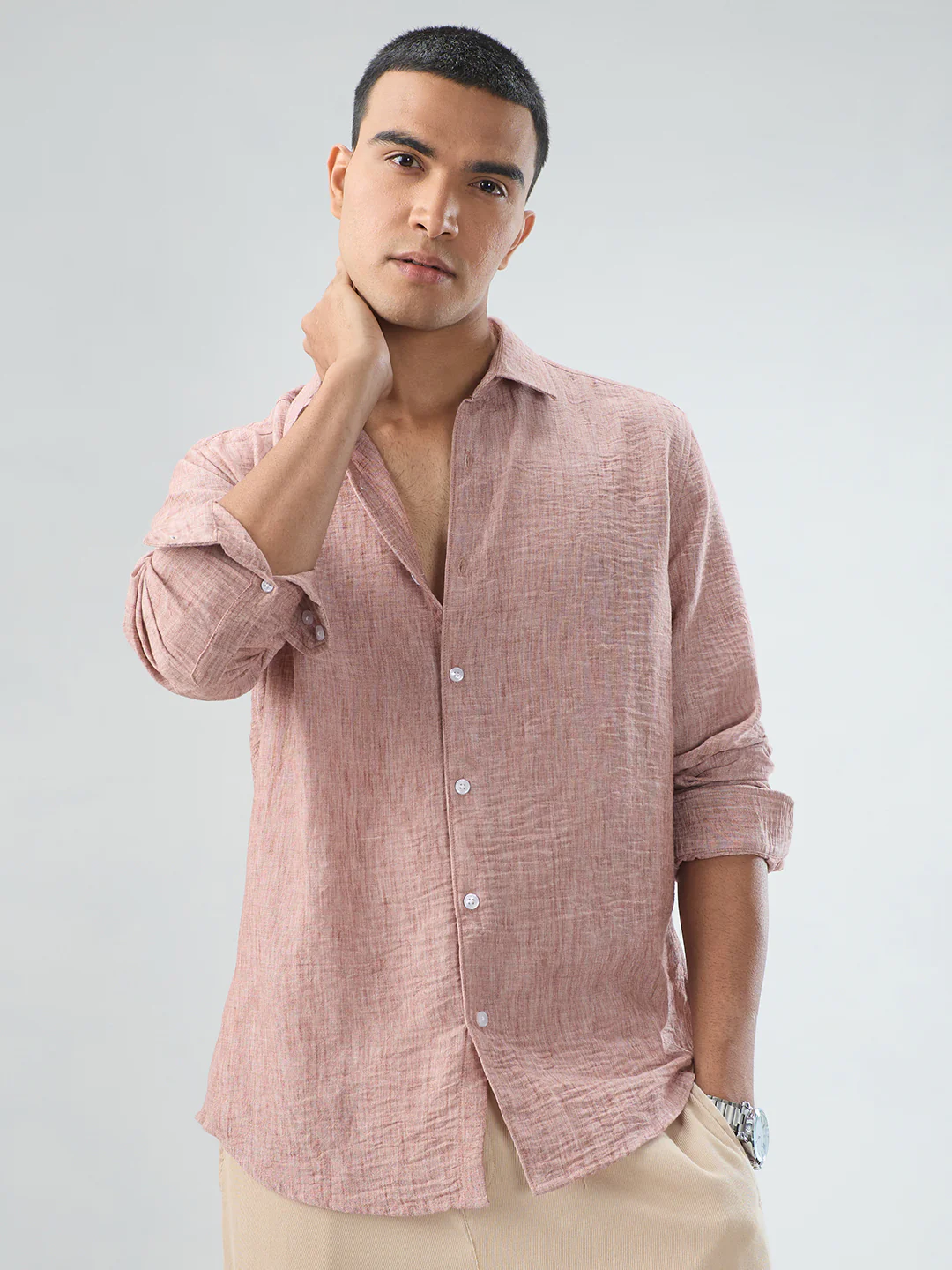 Heathered Taupe Fine-Weave Crinkled Shirt
