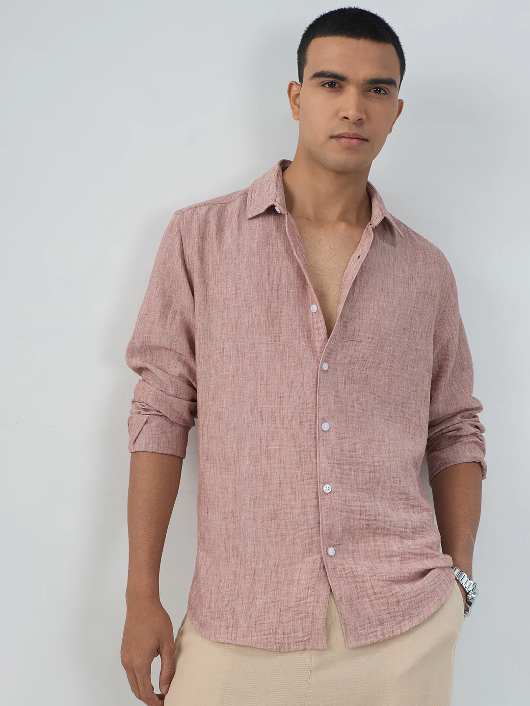 Heathered Taupe Fine-Weave Crinkled Shirt - Image 2