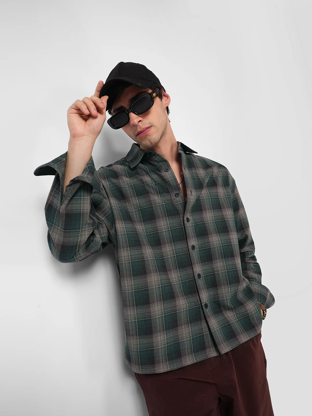 Heritage Forest Green Contrast Fine Checked Boxy Fit Crop Shirt - Image 2