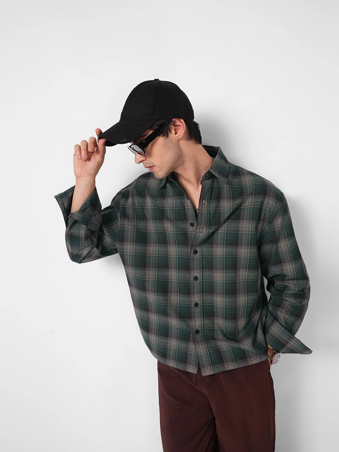 Heritage Forest Green Contrast Fine Checked Boxy Fit Crop Shirt - Image 4