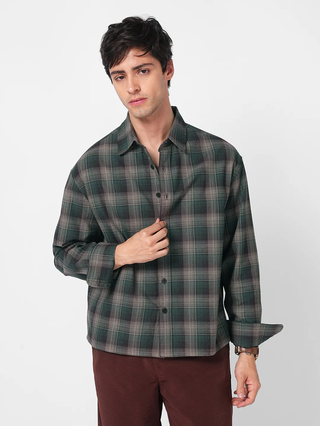 Heritage Forest Green Contrast Fine Checked Boxy Fit Crop Shirt - Image 5