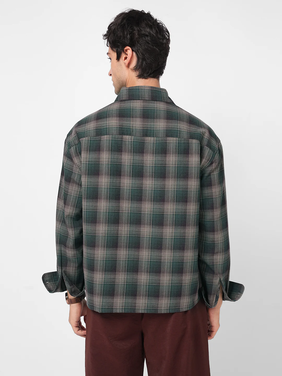 Heritage Forest Green Contrast Fine Checked Boxy Fit Crop Shirt - Image 7