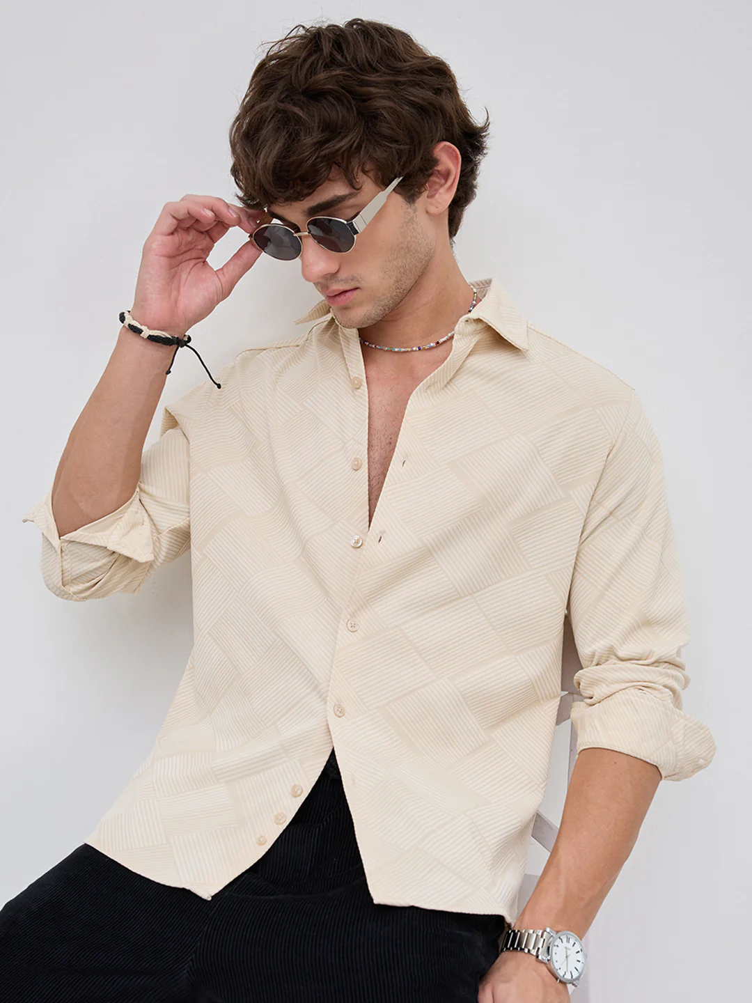Intricate Beige Block Weave Knitted Shirt - Image 2