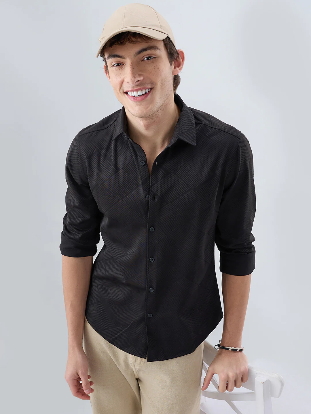 Intricate Black Block Weave Knitted Shirt - Image 2
