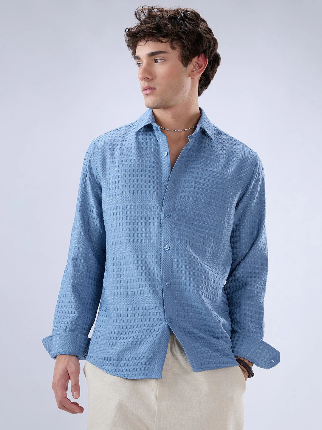 Intricate Columbia Blue Raised Motif Textured Shirt - Image 5