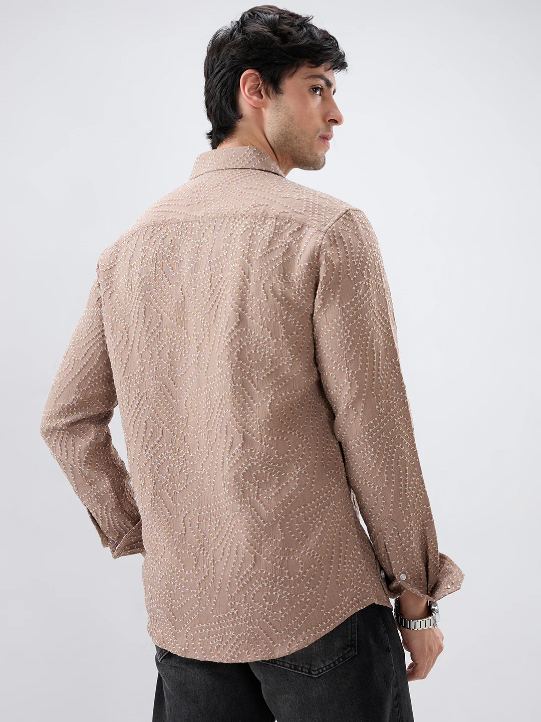 Intricate Dessert Brown Thread Flow Raised Stitch Shirt - Image 6