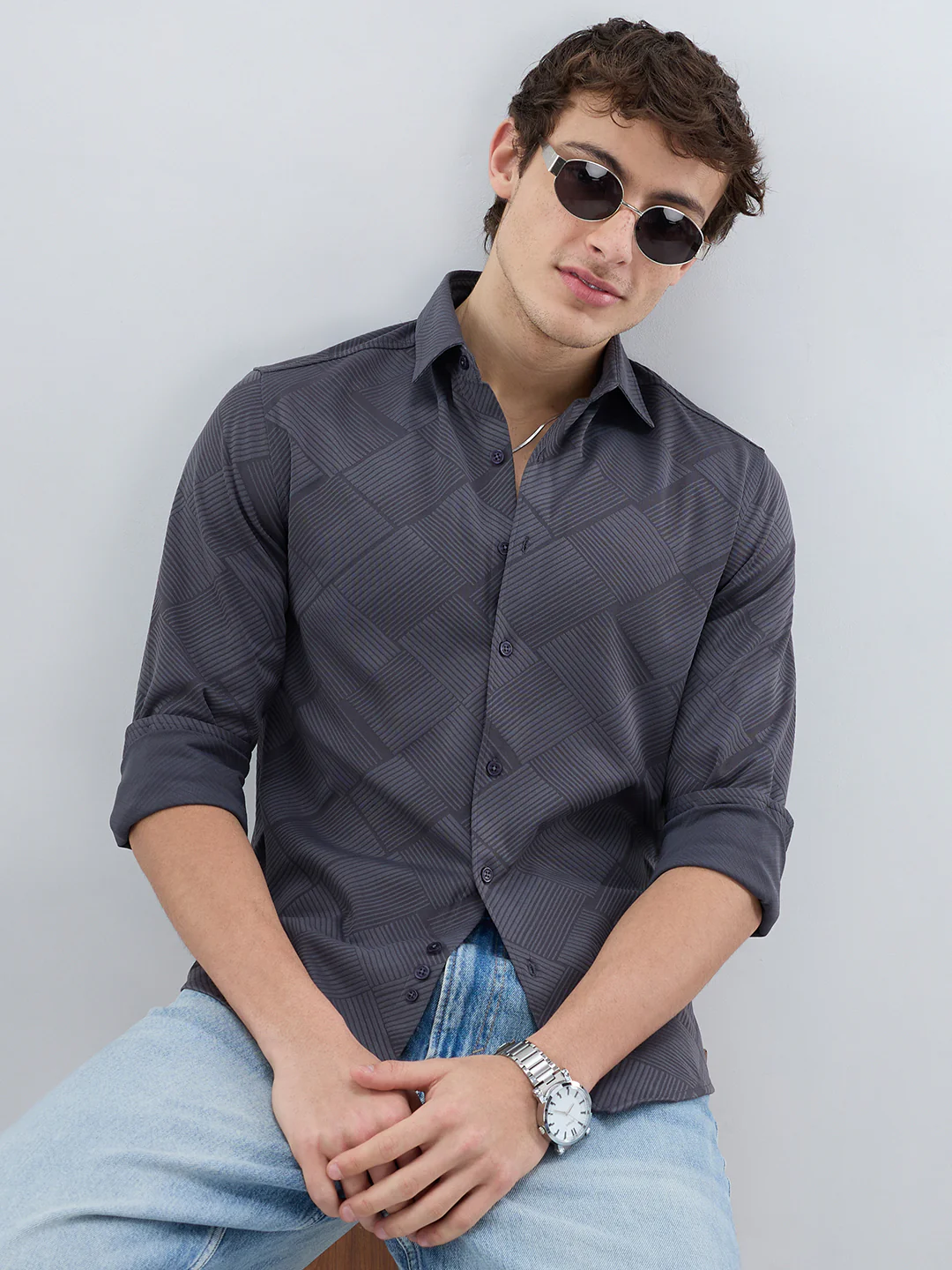 Intricate Grey Block Weave Knitted Shirt - Image 2