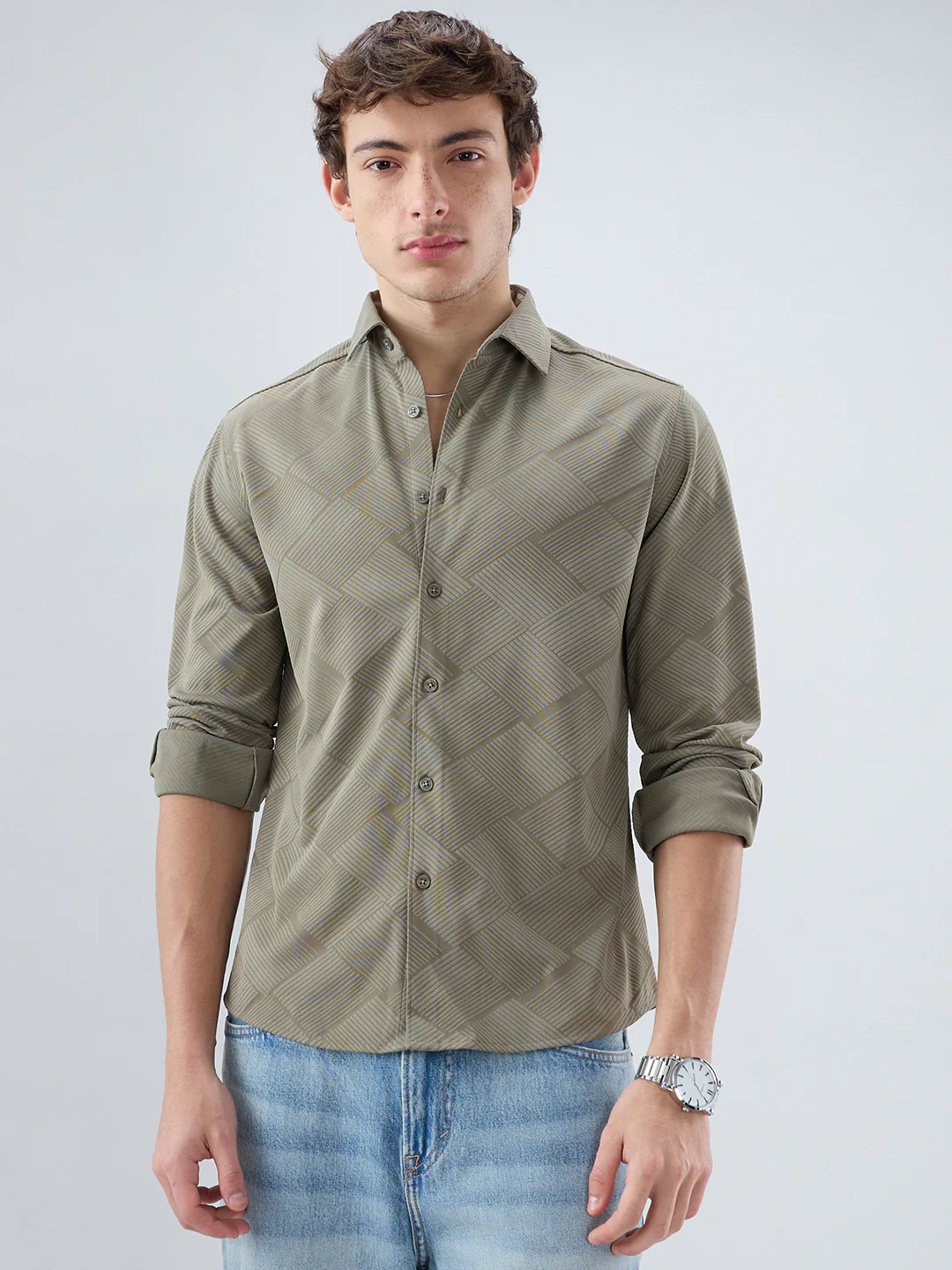 Intricate Olive Block Weave Knitted Shirt - Image 5